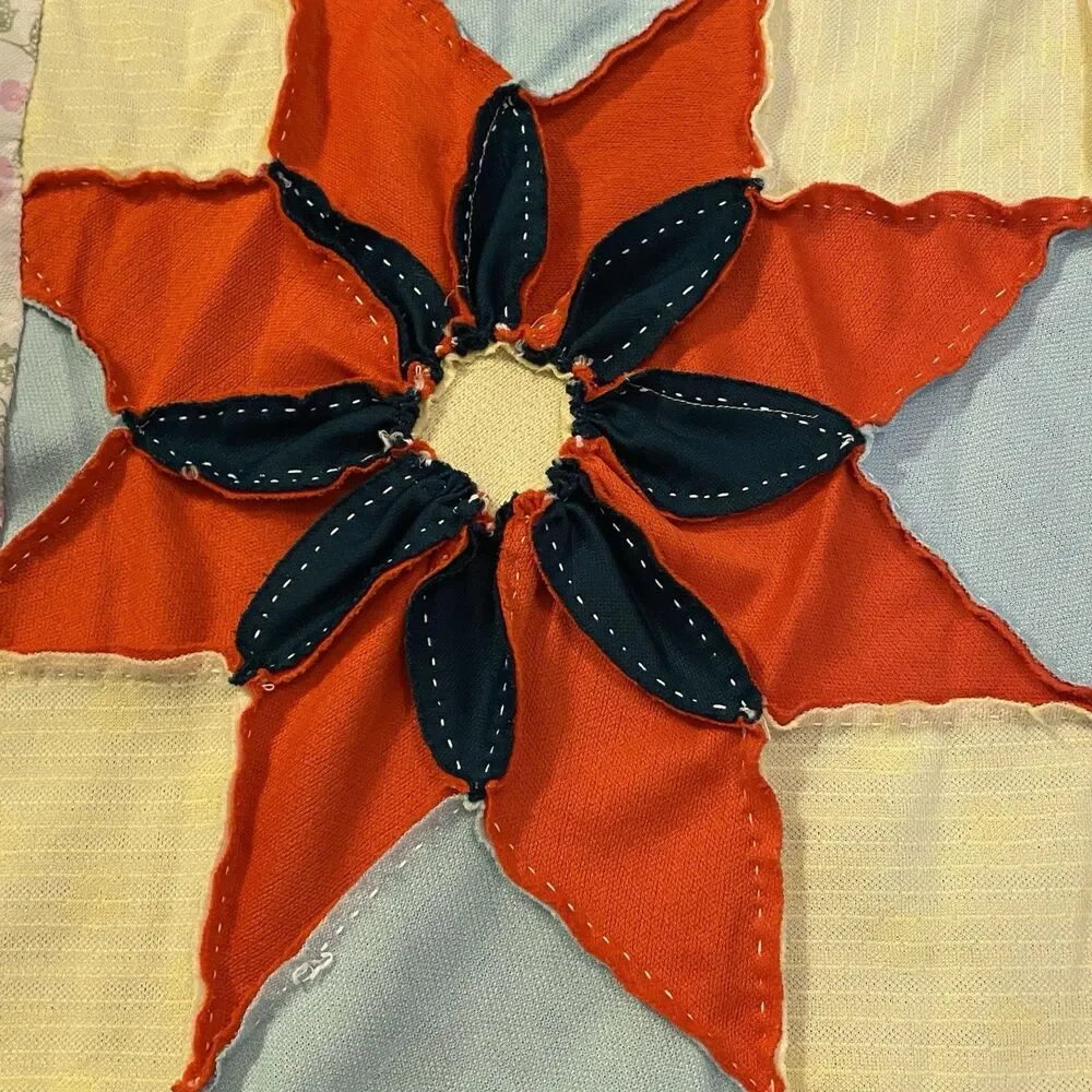 Vtg 70s Polyester Quilt Topper 87x87 - Hand Stitched Star Flower Dahlia Retro